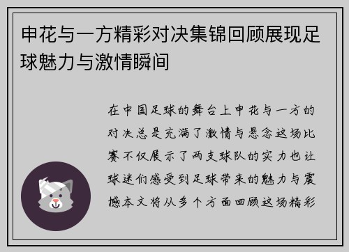 申花与一方精彩对决集锦回顾展现足球魅力与激情瞬间
